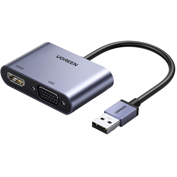 Адаптер відео UGREEN CM449 USB 3.0 to HDMI + VGA 2-в-1 для двох моніторів, 0.15 м, Gray